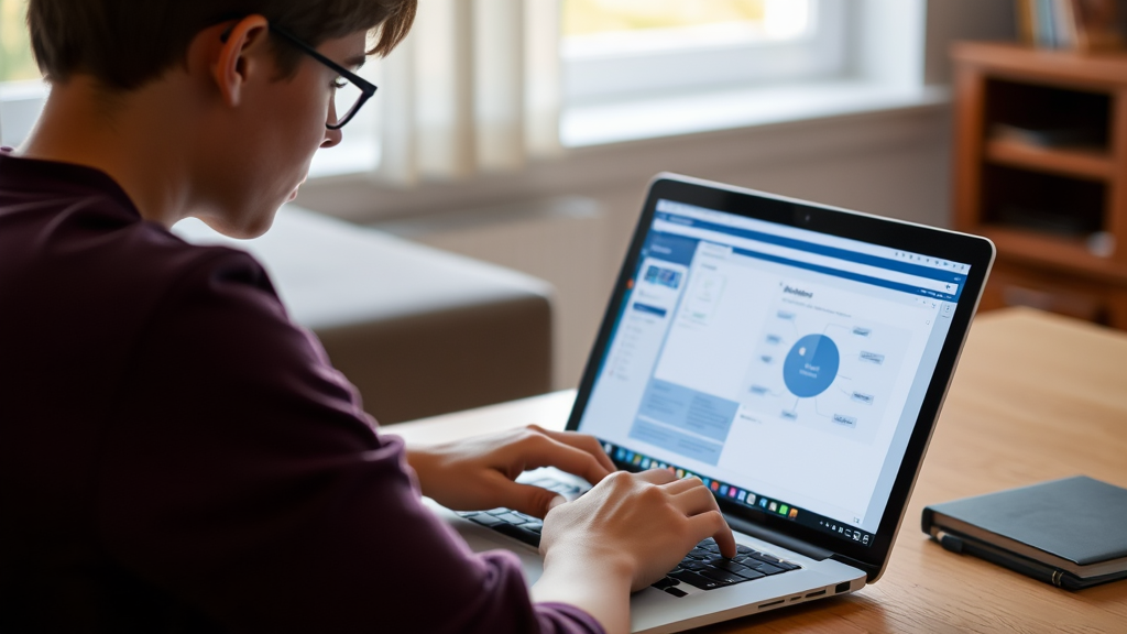 A student using an AI-powered study tool on a laptop with digital notes, mind maps, and quizzes visible on the screen