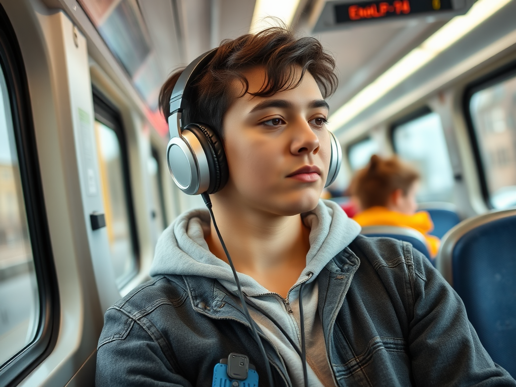 A student listening to educational podcasts on headphones while commuting